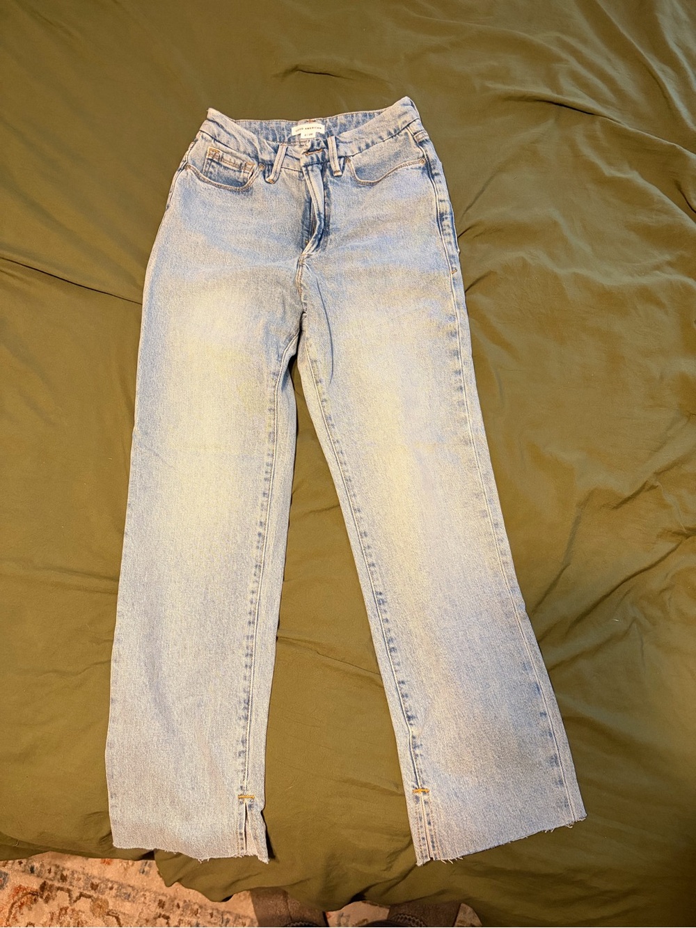 Good American Pale Blue Straight-Leg Jeans with Ankle Slits